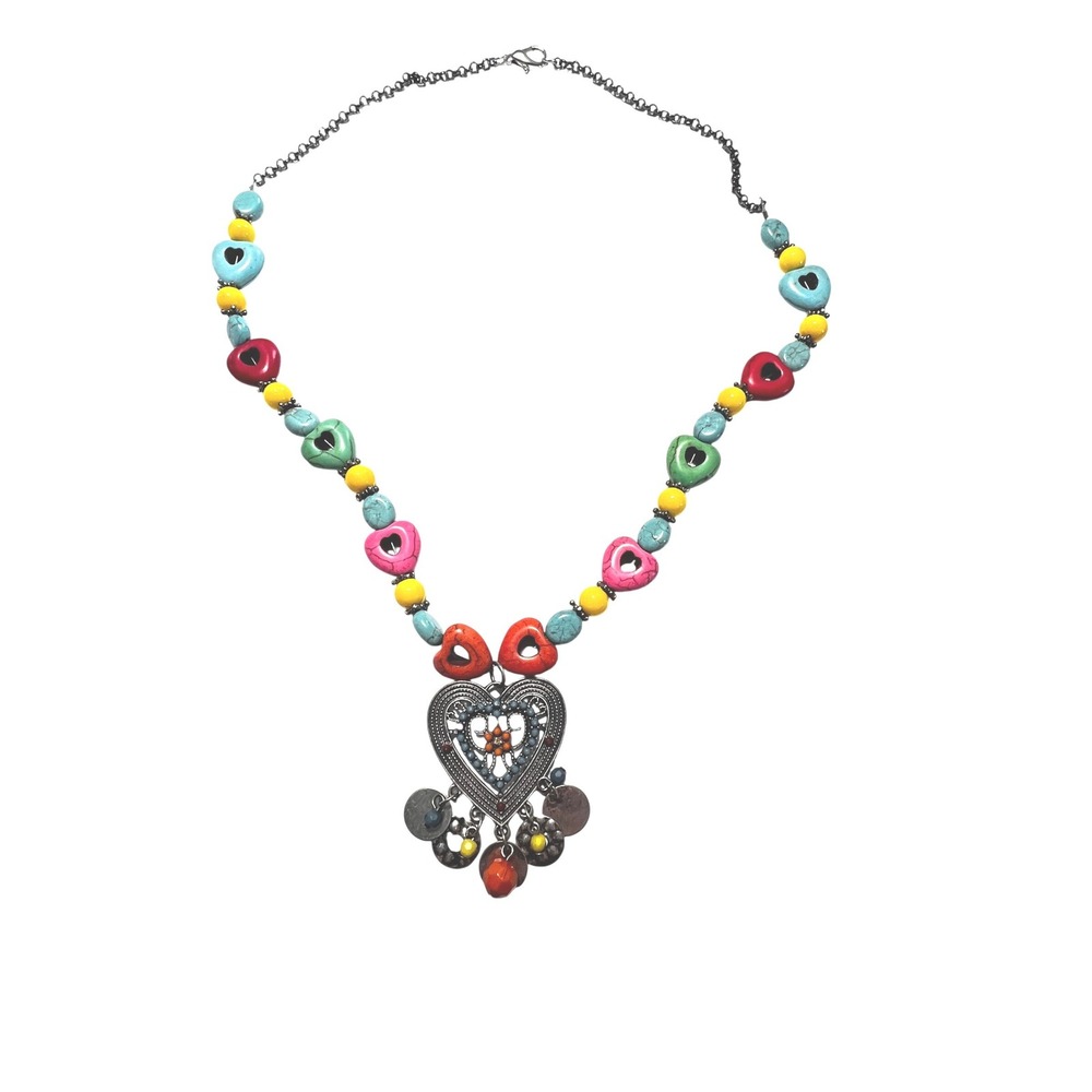 Boho Colorful Heart Statement Necklace Ornate Pendant Y2K Art Bold Vtg Inspired - Picture 3 of 5